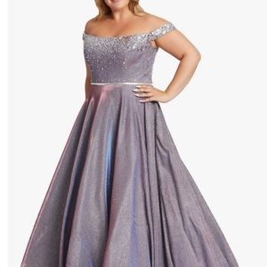 Mac Duggal Off The Shoulder Glitter Ballgown in Lavender Twinkle